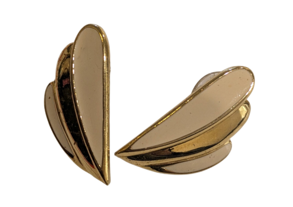 Trifari Gold Tone And Cream Enamel Wing Stud Earrings